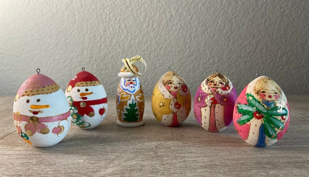 Vintage Six 6 Wooden Hand Painted Christmas Ornaments Decor